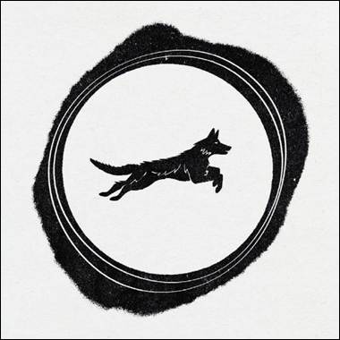 A black and white logo with a dog in the middle
Description automatically generated