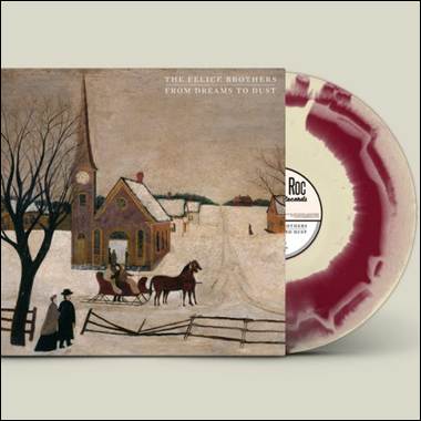 A white and red vinyl record with a painting of a church and horses
Description automatically generated