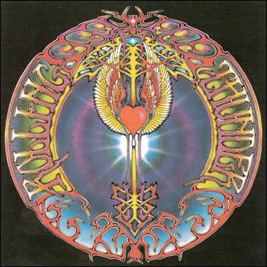 A colorful circular design with a heart and wings
Description automatically generated