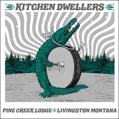 A green alligator with a drum
Description automatically generated