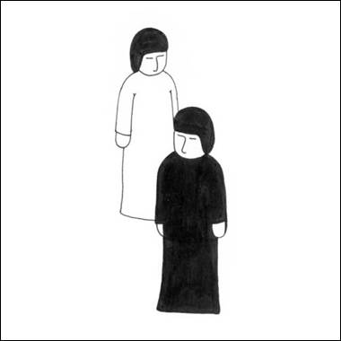 A black and white drawing of two people
Description automatically generated