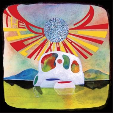 A colorful painting of a white object with a sun and mountains in the background
Description automatically generated